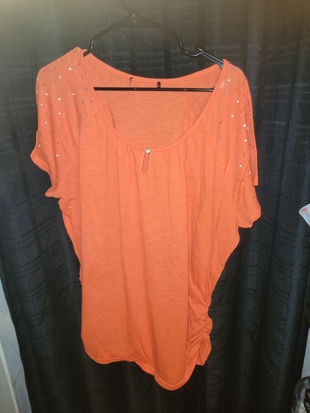 Womens Orange Short Sleeve Scoop Neck Top with Stud Details